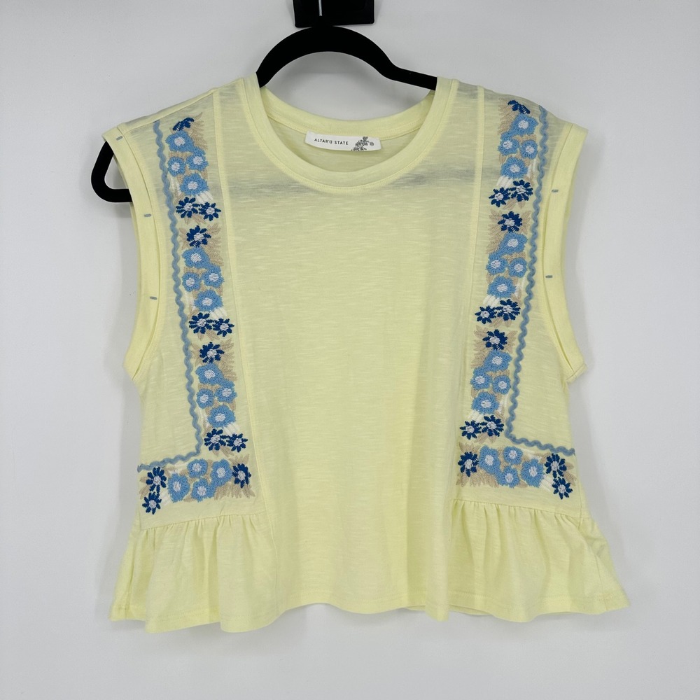 Altar'd State Maisie Yellow Blue Floral Embroidered Sleeveless Top Ruffle Boho M